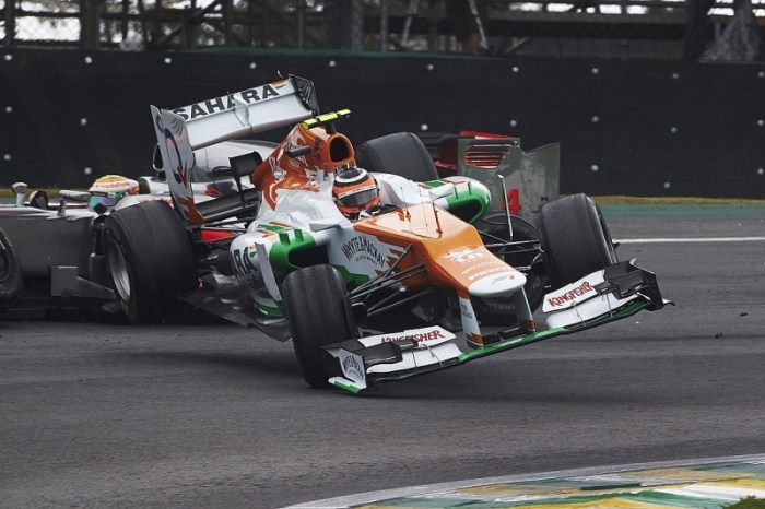 Nico Hülkenberg and Lewis Hamilton collide at the 2012 Brazilian Grand Prix.