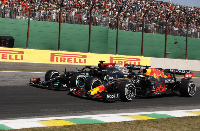 Lewis Hamilton and Max Verstappen at the São Paulo Grand Prix.